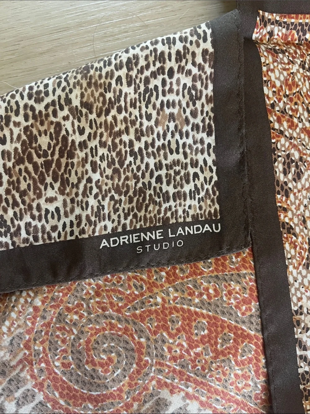 Adrienne Landau Studio Animal Print Paisley Oblong Scarf Wrap Brown Neutral